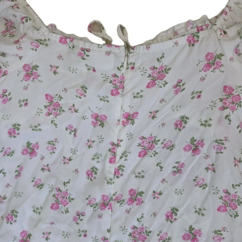 No Boundaries White Floral Rose Midi Dress Puff Sleeves Size S 4-6